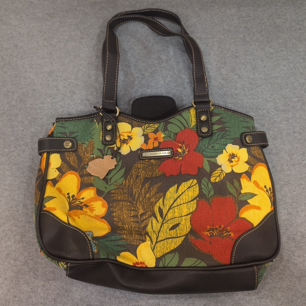 Caribbean Joe‎ Floral Print Tote Bag Brown Leather Trim Tropical Vacation Beach